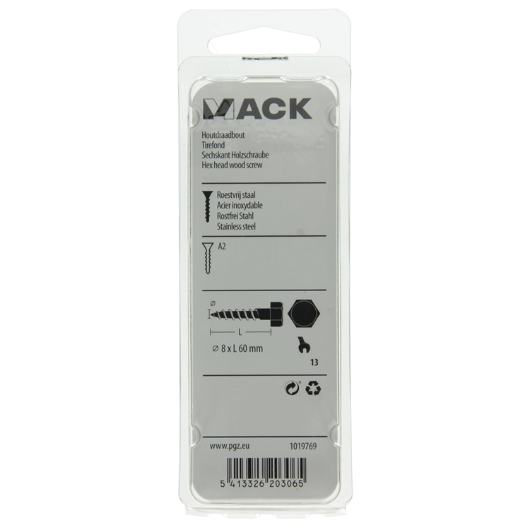 Mack 1019769 - boulon fileté à bois en acier inoxydable 2 pcs 8 x 60 mm | 10 pièces