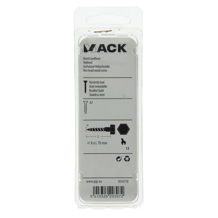 Mack 1019770 - boulon fileté à bois en acier inoxydable 2 pcs 8 x 70 mm | 10 pièces
