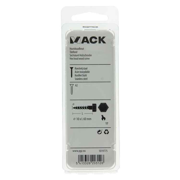 Mack 1019775 - boulon fileté à bois acier inoxydable 2pcs 10 x 60 mm | 10 pièces