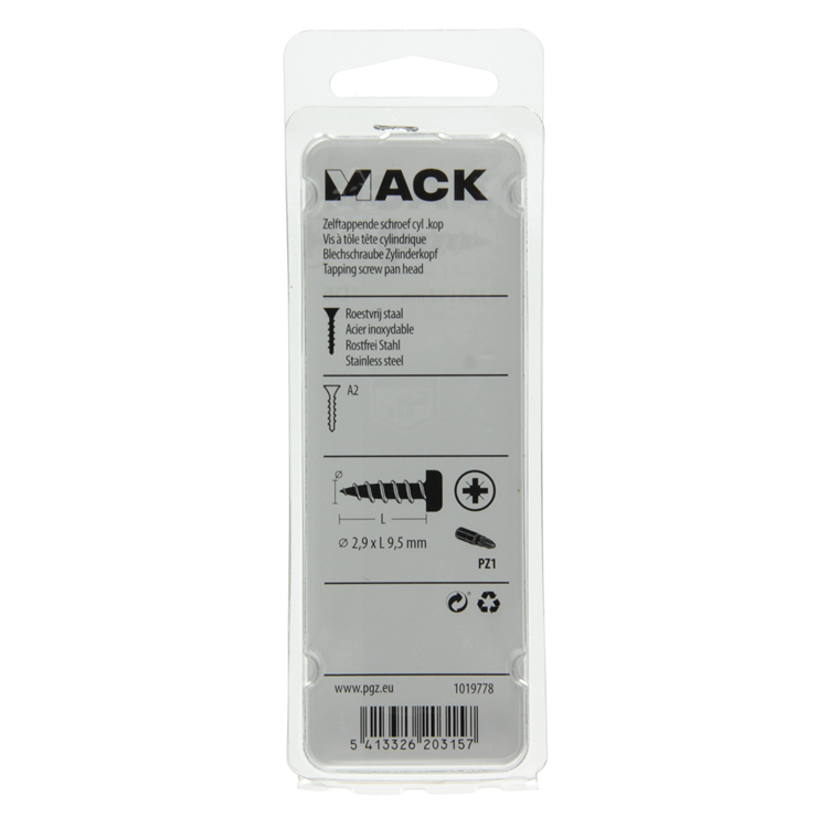 Mack 1019778 - culasse à vis autotaraudeuse A2 20 pcs 2,9 x 9,5 mm | 10 pièces