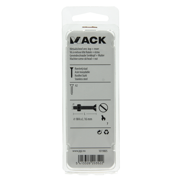 Mack 1019805 - vis à métal galvanisée. tête + écrou inox 13 pcs m4x16 | 10 pièces
