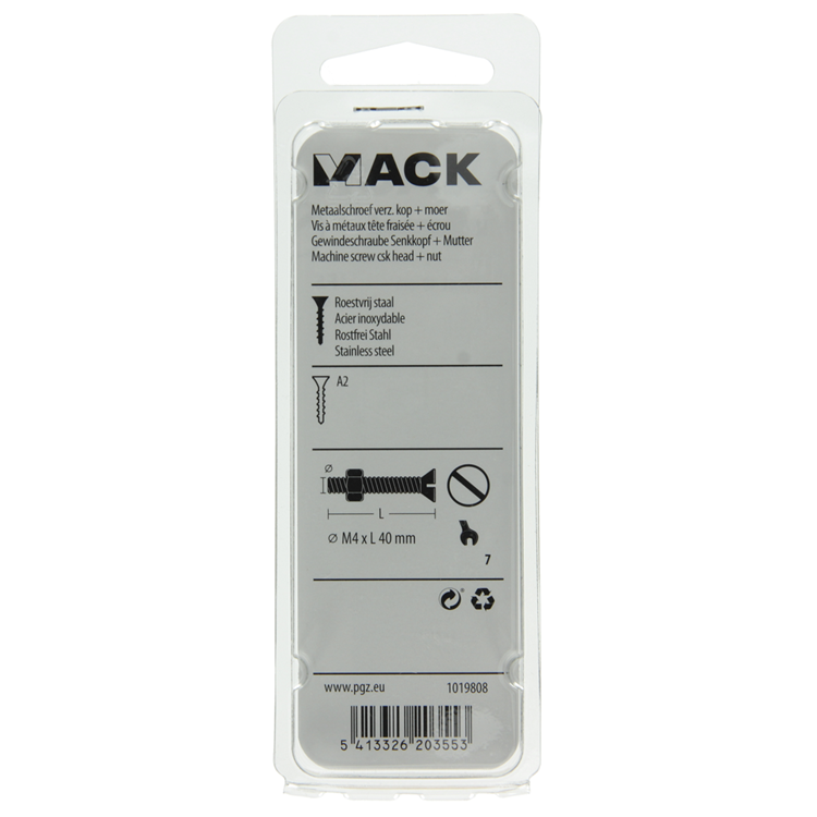 Mack 1019808 - vis à métal galvanisée. tête + écrou inox 8 pcs m4x40 | 10 pièces