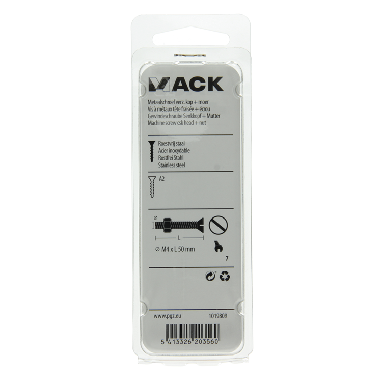 Mack 1019809 - vis à métal galvanisée. tête + écrou inox 7 pcs m4x50 | 10 pièces
