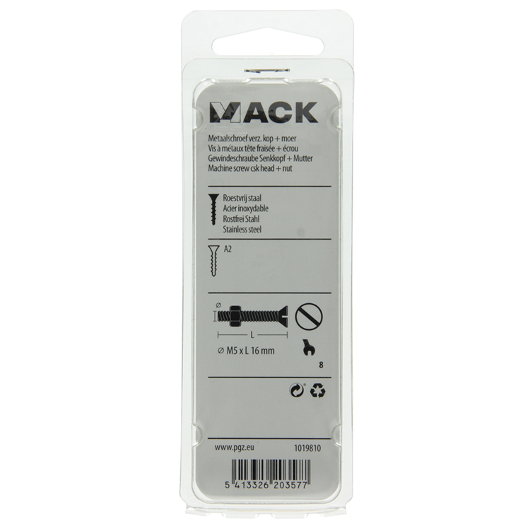 Mack 1019810 - vis à métal galvanisée. tête + écrou inox 8 pcs m5x16 | 10 pièces