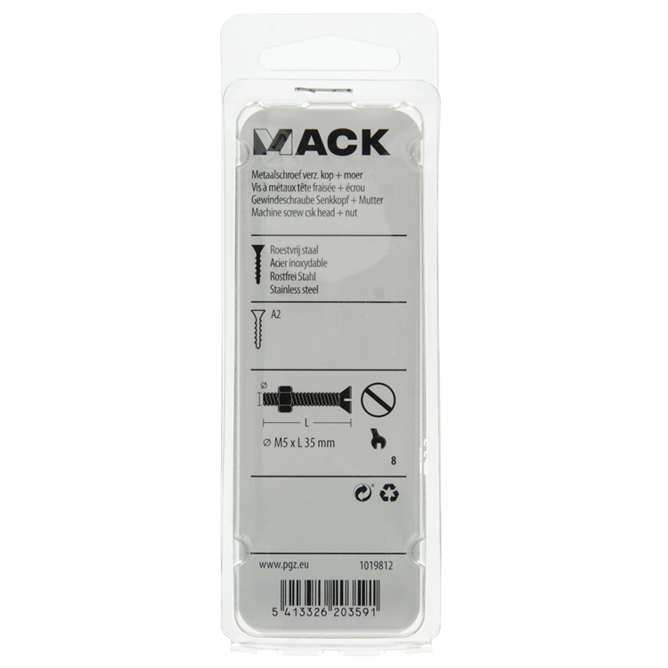 Mack 1019812 - vis à métal galvanisée. tête + écrou inox 5 pcs m5x35 | 10 pièces