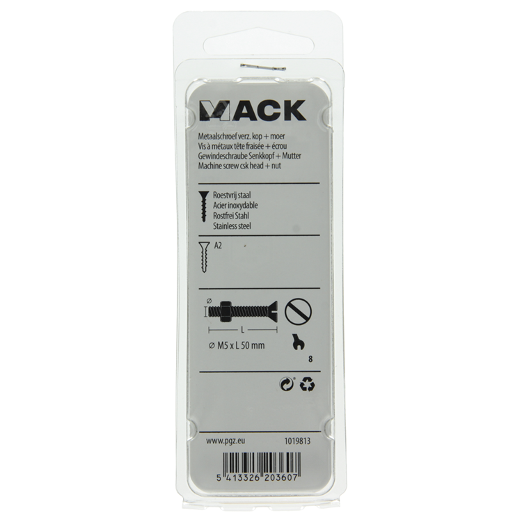 Mack 1019813 - vis à métal galvanisée. tête + écrou inox 4 pcs m5x50 | 10 pièces
