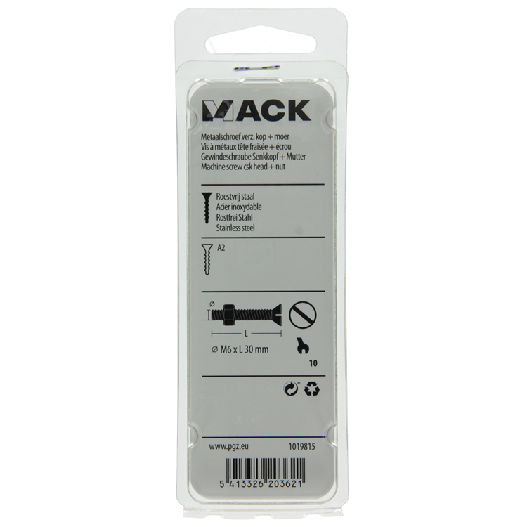 Mack 1019815 - vis à métal galvanisée. tête + écrou inox 4 pcs m6x30 | 10 pièces