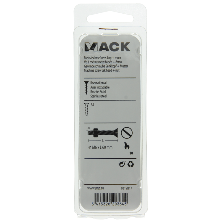 Mack 1019817 - vis à métal galvanisée. tête + écrou inox 2 pcs m6x60 | 10 pièces