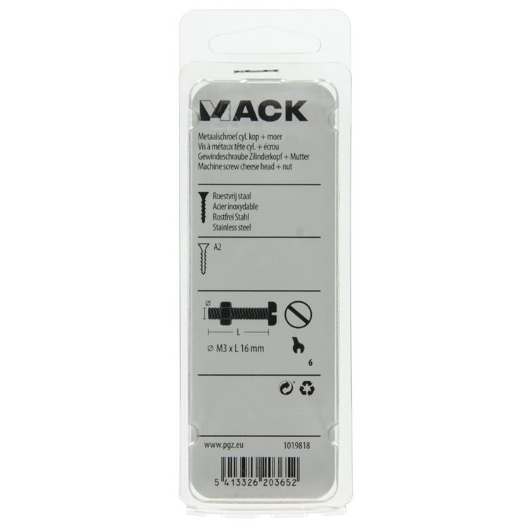 Mack 1019818 - vérin à vis métal. tête + écrou inox 12 pcs m3x16 | 10 pièces