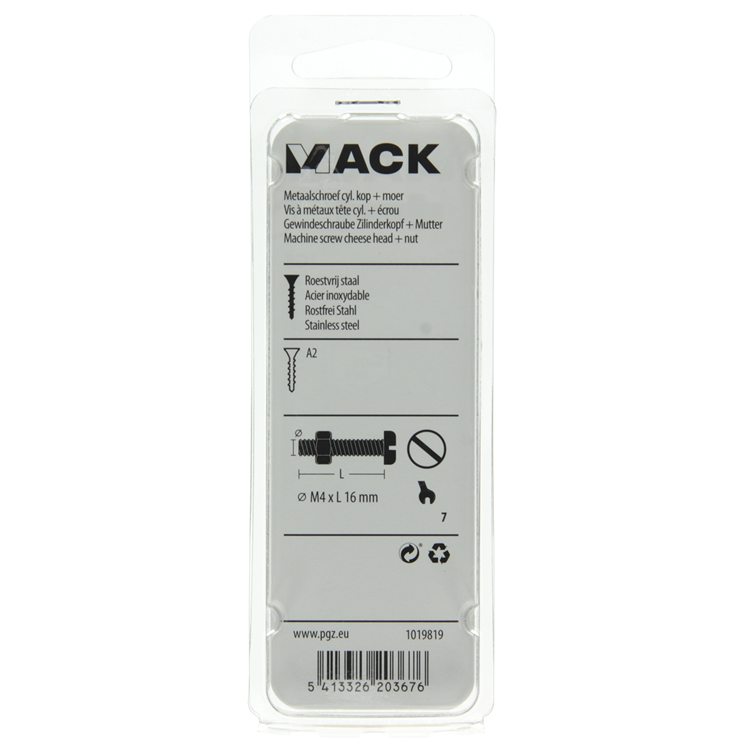 Mack 1019819 - vérin à vis métal. tête + écrou inox 12 pcs m4x16 | 10 pièces