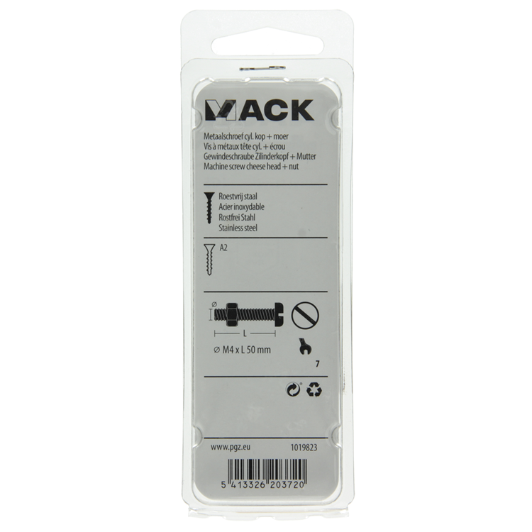 Mack 1019823 - metal screw cyl. tête + écrou inox 7 pcs m4x50 | 10 pièces