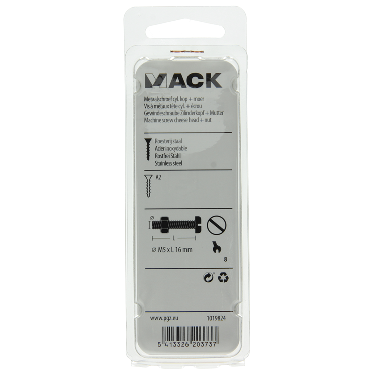 Mack 1019824 - vérin à vis métal. tête + écrou inox 8 pcs m5x16 | 10 pièces