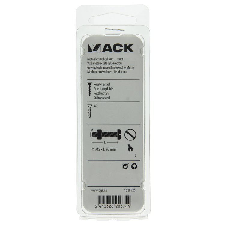 Mack 1019825 - vérin à vis métal. tête + écrou inox 7 pcs m5x20 | 10 pièces