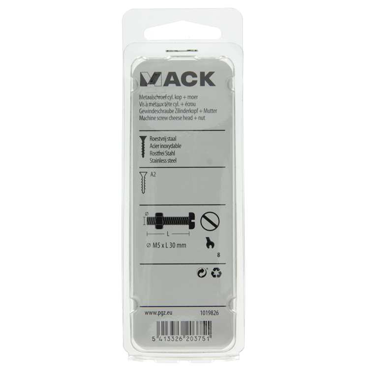 Mack 1019826 - vérin à vis métal. tête + écrou inox 6 pcs m5x30 | 10 pièces
