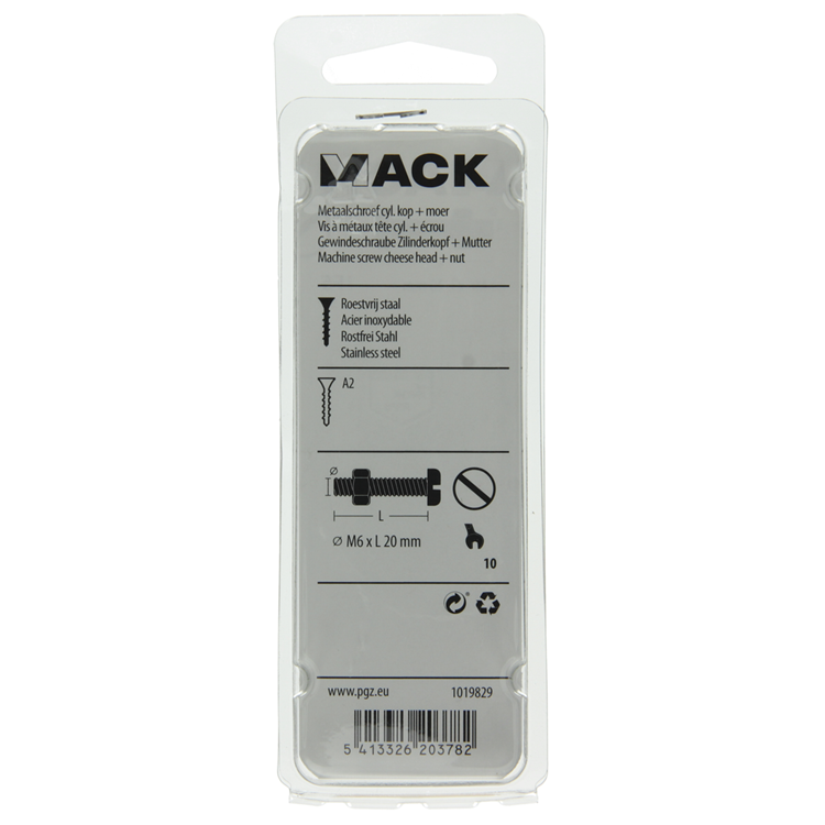 Mack 1019829 - vérin à vis métal. tête + écrou inox 5 pcs m6x20 | 10 pièces
