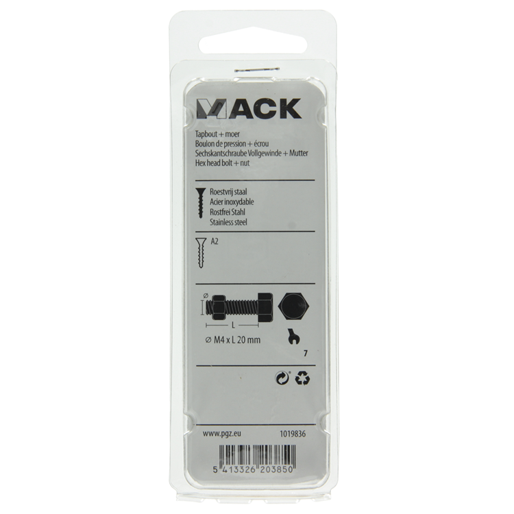 Mack 1019836 - boulon de robinet + écrou en acier inoxydable 10 pcs m4x20 | 10 pièces