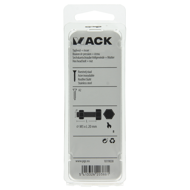 Mack 1019838 - boulon de robinet + écrou en acier inoxydable 6 pcs m5x20 | 10 pièces