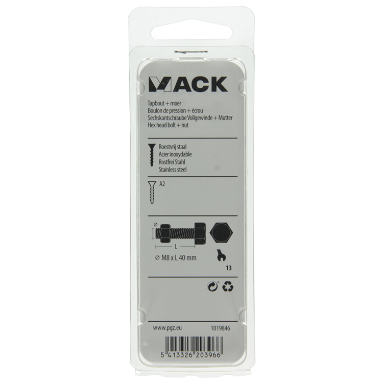 Mack 1019846 - boulon de robinet + écrou en acier inoxydable 2 pcs m8x40 | 10 pièces