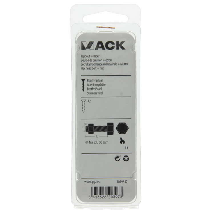 Mack 1019847 - boulon de robinet + écrou en acier inoxydable 2 pcs m8x60 | 10 pièces