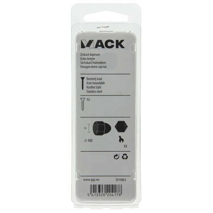 Mack 1019863 - écrou borgne en acier inoxydable a2 2pcs m8 | 10 pièces