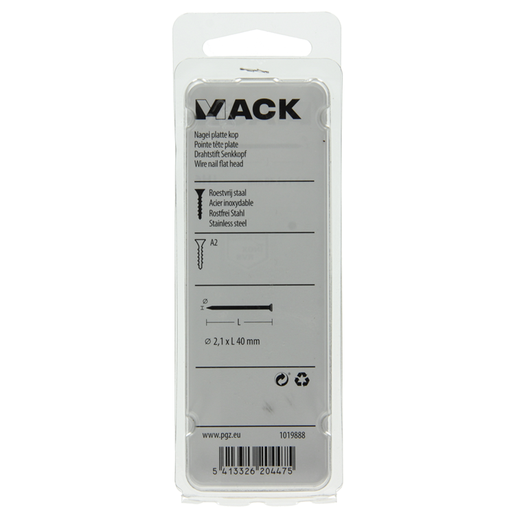 Mack 1019888 - clou tête plate inox a2 25 pcs2,1 x 40 mm | 10 pièces