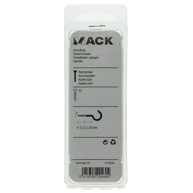 Mack 1019896 - crochet à vis acier inoxydable 2 pcs 3,5 x 20 mm | 10 pièces