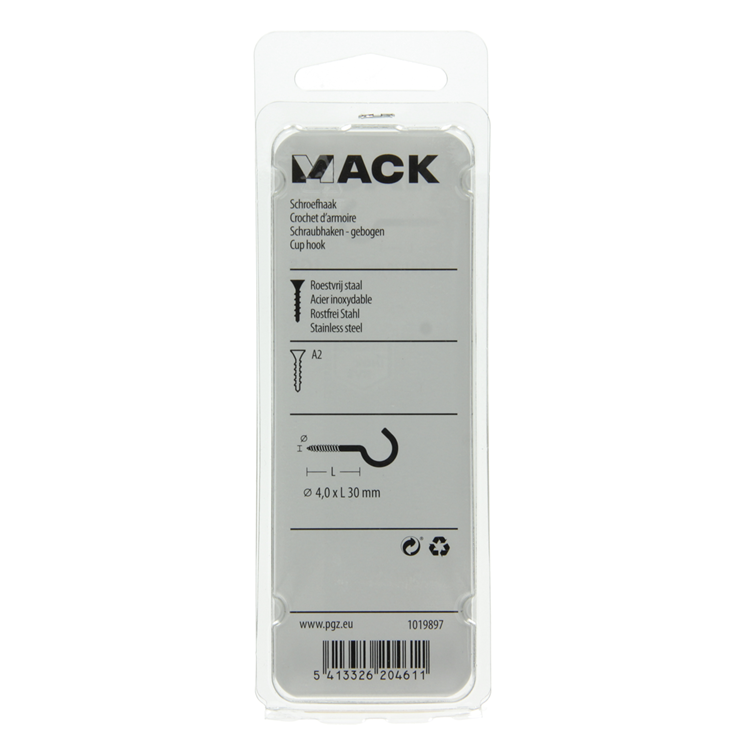 Mack 1019897 - crochet à vis acier inoxydable 2 pcs 4,0x30 mm | 10 pièces
