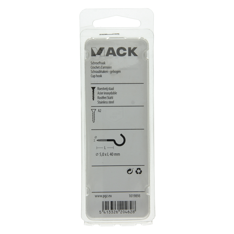 Mack 1019898 - crochet à vis acier inoxydable 2 pcs 5,0x40 mm | 10 pièces