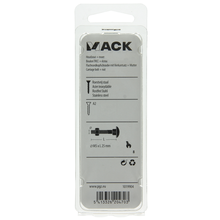 Mack 1019904 - boulon à bois + écrou inox 7 pcs m5x25 mm | 10 pièces