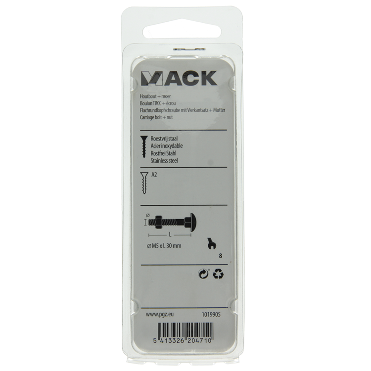 Mack 1019905 - boulon à bois + écrou inox 6 pcs m5x30 mm | 10 pièces
