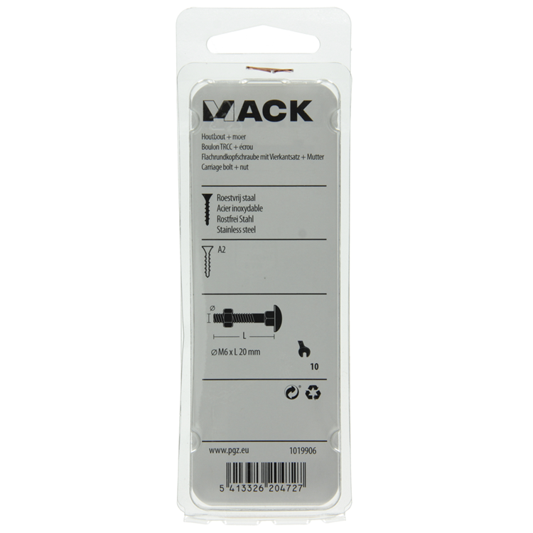 Mack 1019906 - boulon à bois + écrou inox 6 pcs m6x20 mm | 10 pièces