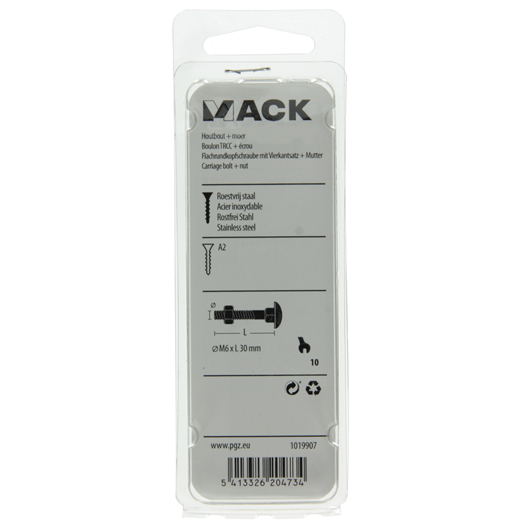 Mack 1019907 - boulon à bois + écrou inox 5 pcs m6x30 mm | 10 pièces