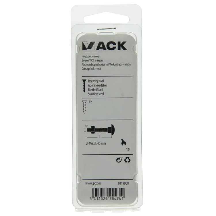 Mack 1019908 - boulon à bois + écrou inox 4 pcs m6x40 mm | 10 pièces