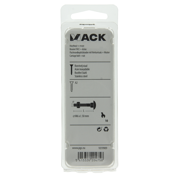 Mack 1019909 - boulon à bois + écrou inox 3 pcs m6 x 50 mm | 10 pièces