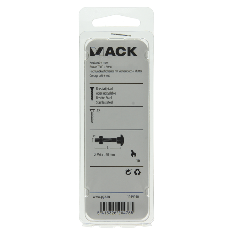 Mack 1019910 - boulon à bois + écrou inox 2 pcs m6 x 60 mm | 10 pièces
