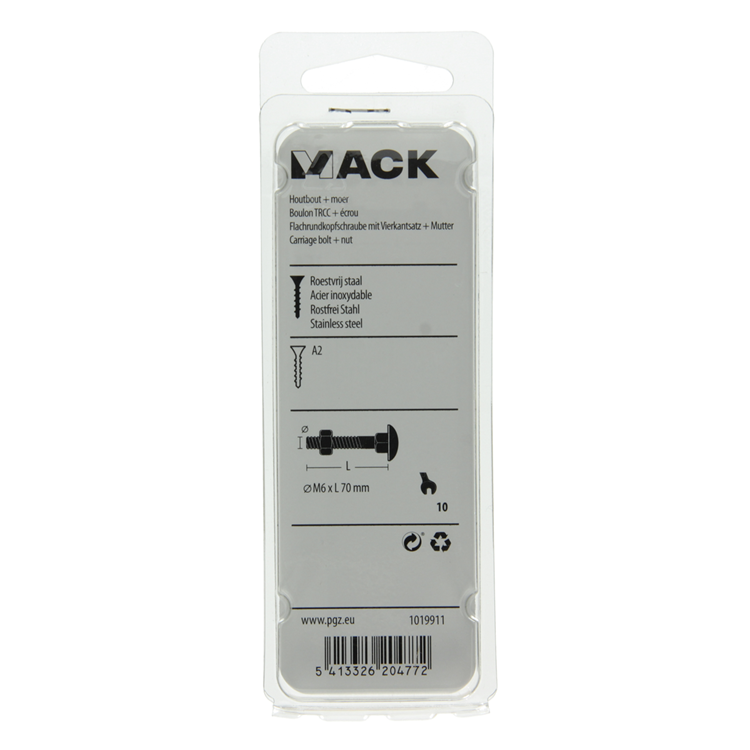 Mack 1019911 - boulon à bois + écrou inox 2 pcs m6 x 70 mm | 10 pièces