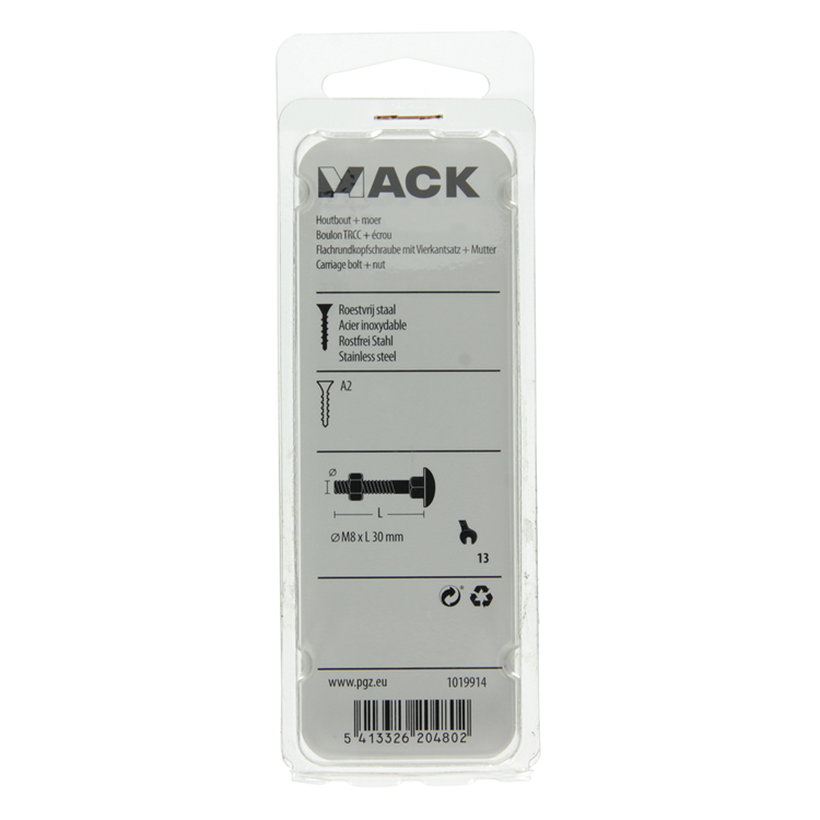 Mack 1019914 - boulon à bois + écrou inox 5 pcs m8 x 30 mm | 5 pièces