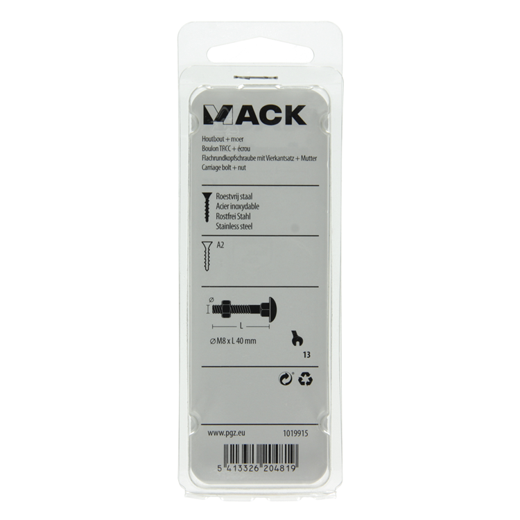 Mack 1019915 - boulon à bois + écrou inox 4 pcs m8 x 40 mm | 5 pièces