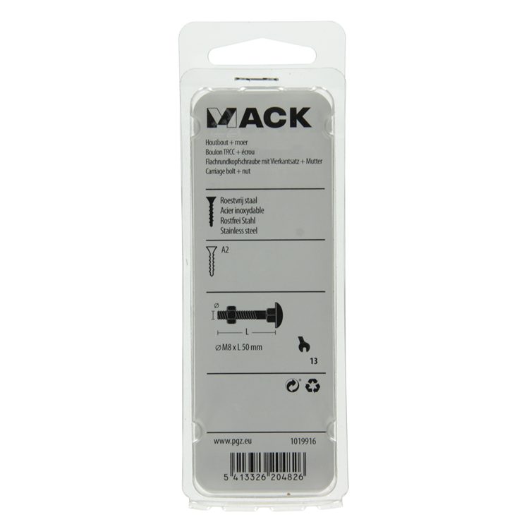 Mack 1019916 - boulon à bois + écrou inox 3 pcs m8 x 50 mm | 5 pièces
