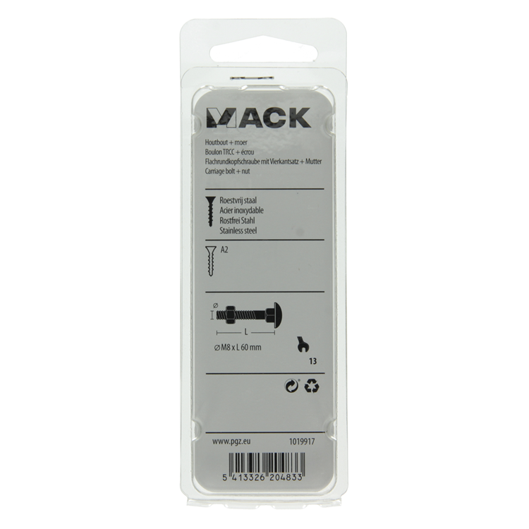 Mack 1019917 - boulon à bois + écrou inox 3 pcs m8 x 60 mm | 5 pièces