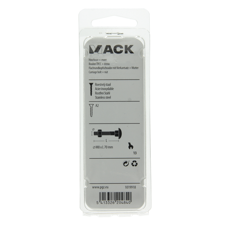 Mack 1019918 - boulon à bois + écrou inox 2 pcs m8 x 70 mm | 5 pièces