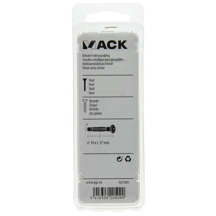 Mack 1017891 - chevilles pour mur creux en métal galvanisé 4 pcs 10 x 37 mm | 5 pièces