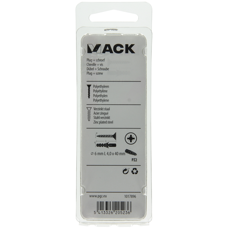 Mack 1017896 - bouchon + vis polyéthylène 20 pcs 6 mm 4,0 x 40 mm | 5 pièces