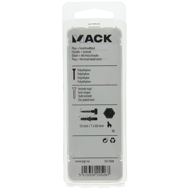 Mack 1017898 - bouchon + boulon fileté bois polyeth 4 pcs 10 mm 7x60 mm | 5 pièces