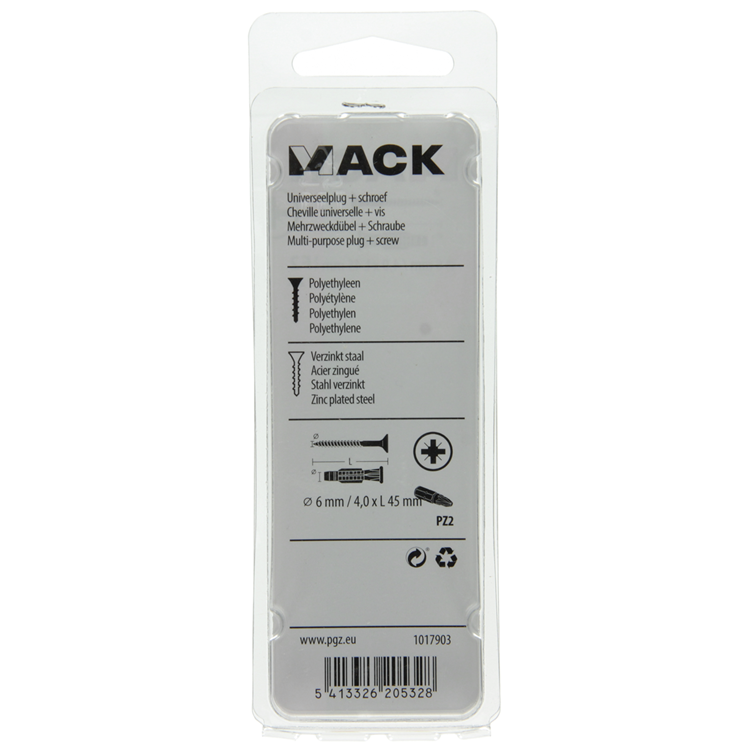 Mack 1017903 - fiche universelle + vis polyeth12 pcs 6mm 4,0x45mm | 5 pièces