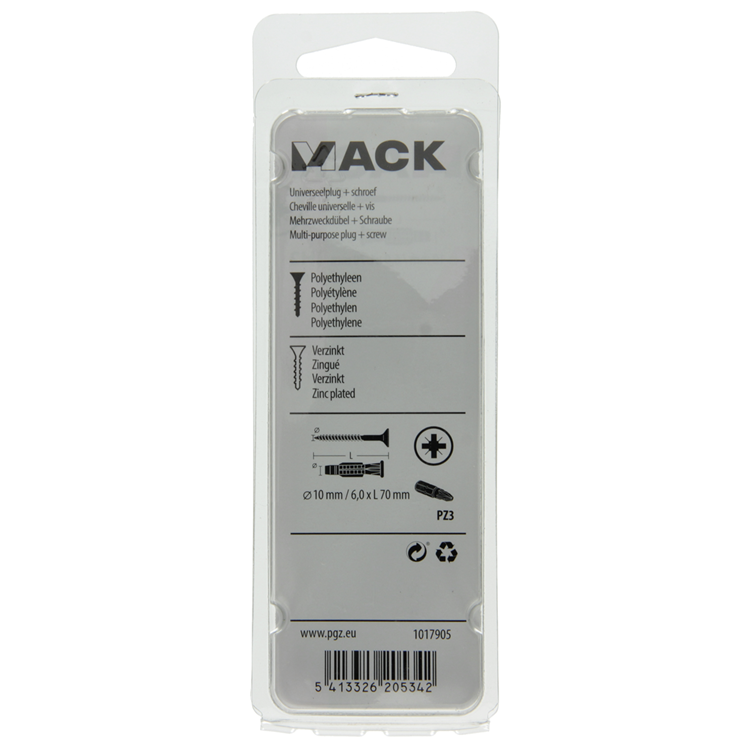 Mack 1017905 - fiche universelle + vis polyeth6 pcs 10mm 6,0x70mm | 5 pièces