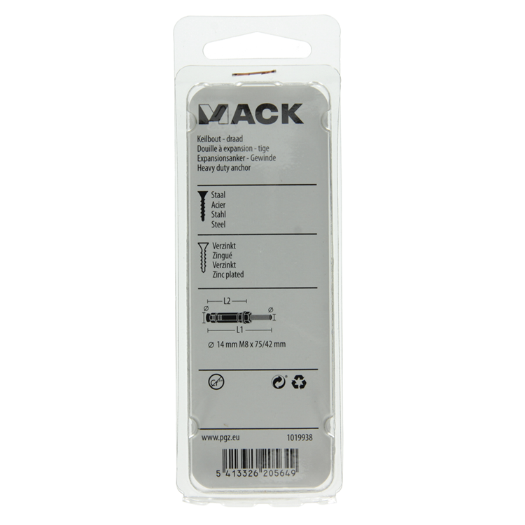 Mack 1019938 - boulon à coin avec goujon fileté. galvanisé 3 pièces m8x75 42mm | 5 pièces