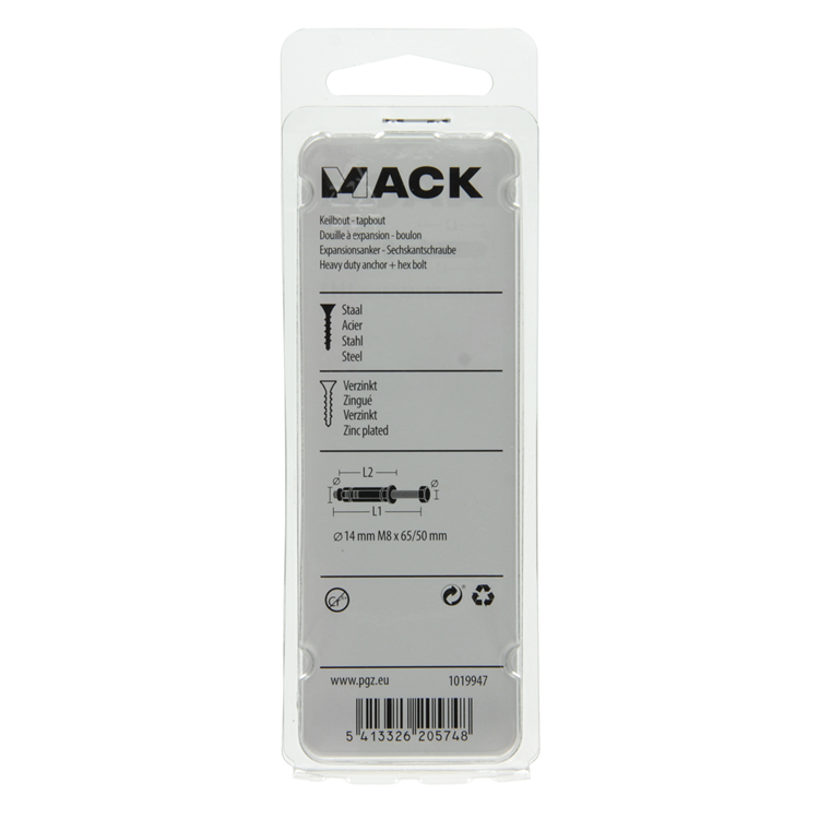 Mack 1019947 - boulon à coin boulon à 6 faces galvanisé 2 pcs m8x65 14x50 | 10 pièces