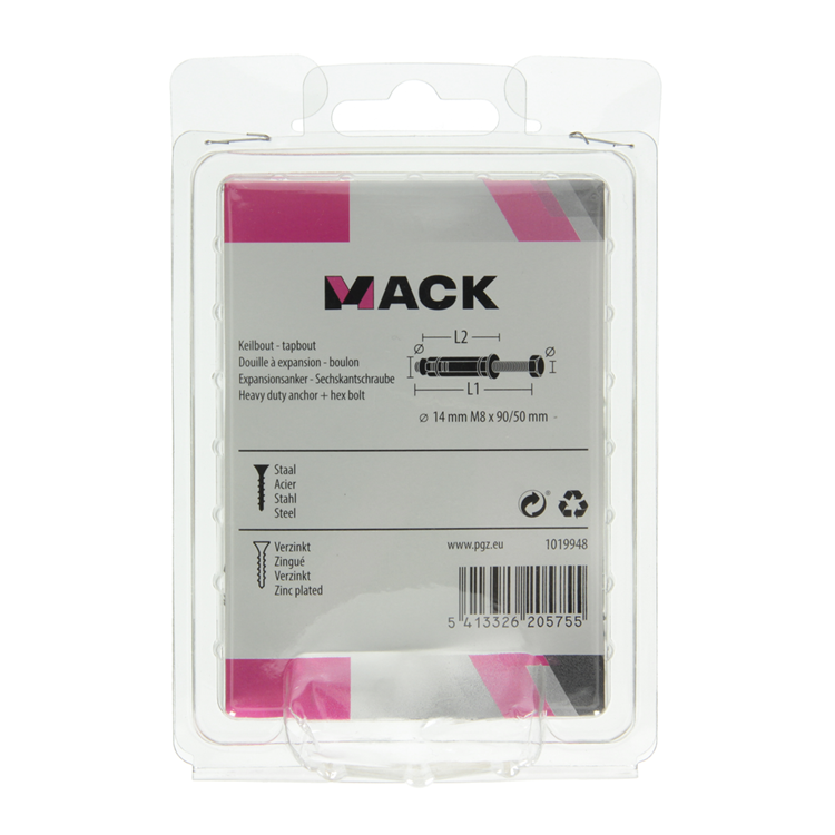 Mack 1019948 - boulon à coin boulon à 6 faces galvanisé 2 pcs m8x90 14x50 | 5 pièces