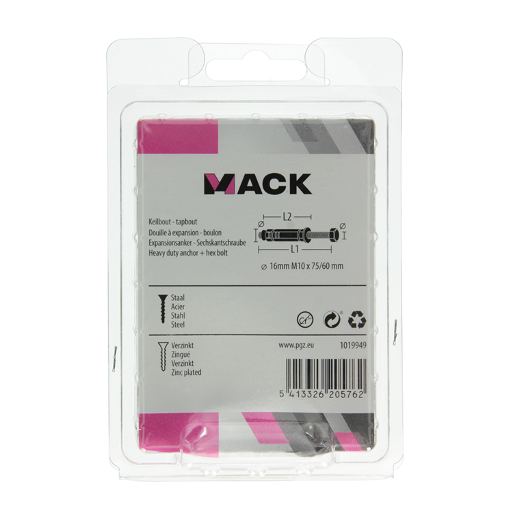 Mack 1019949 - boulon à coin boulon à 6 côtés galvanisé 2 pièces m10 x 75 mm | 5 pièces